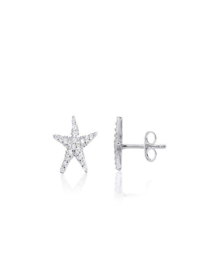 Mintolex Silver Starfish Earrings for Women 925 Sterling Silver Rhinestone Dainty Beach Earrings for Women Hypoallergenic Minimalist Tiny Summer Ocean Jewelry Gifts, Silver - Image 1